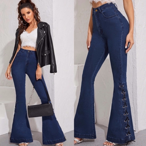 Denim - BECKY lace up detail Bell Bottom Jeans